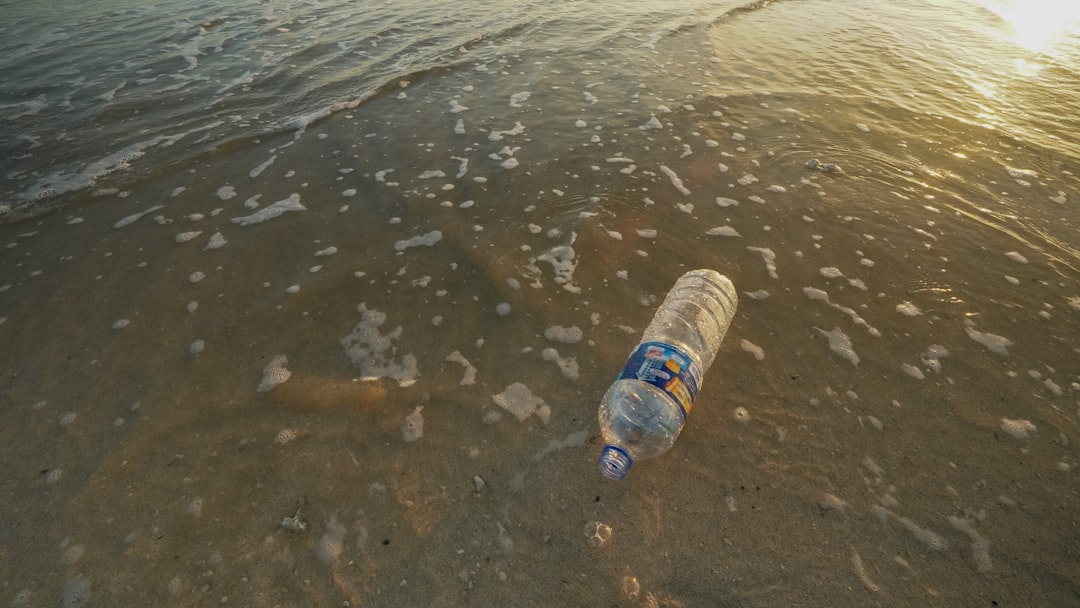 Plastic bottle washes ashore on a sandy beach.