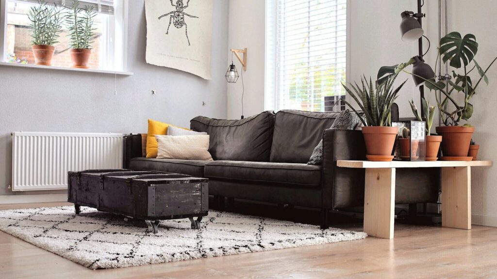 Wohnzimmer mit einem Heizkörper unter dem Fenster, Sofa und Tisch stehen nicht davor