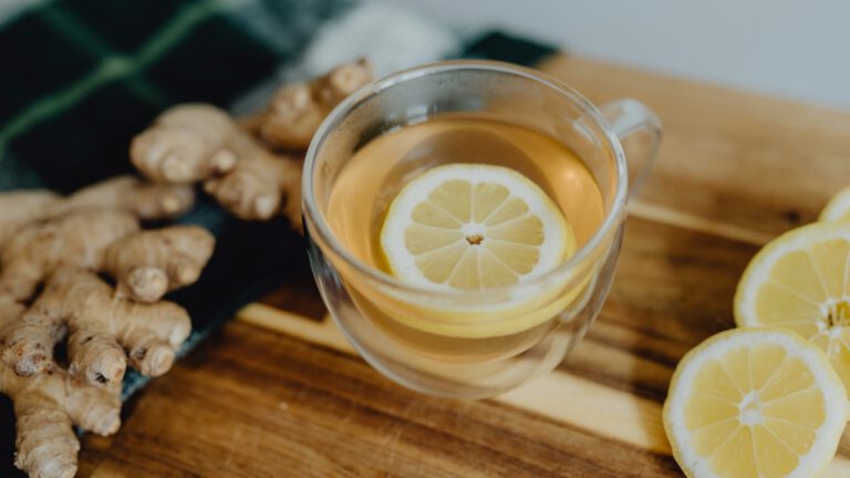 Glastasse mit Ingwertee und Zitronenscheibe, daneben frische Ingwer-Rhizome und Zitronen auf einem Holzbrett