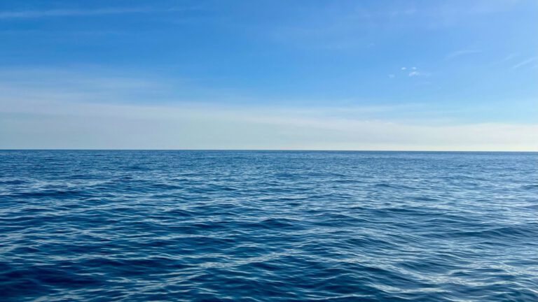Ruhiges blaues Meer mit klarer Horizontlinie unter leicht bewölktem Himmel